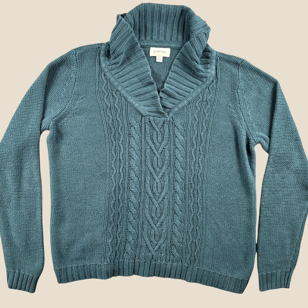 St. Johns Bay Sweater Women XL Teal Cable Knit Shawl Collar Pullover Grandpacore